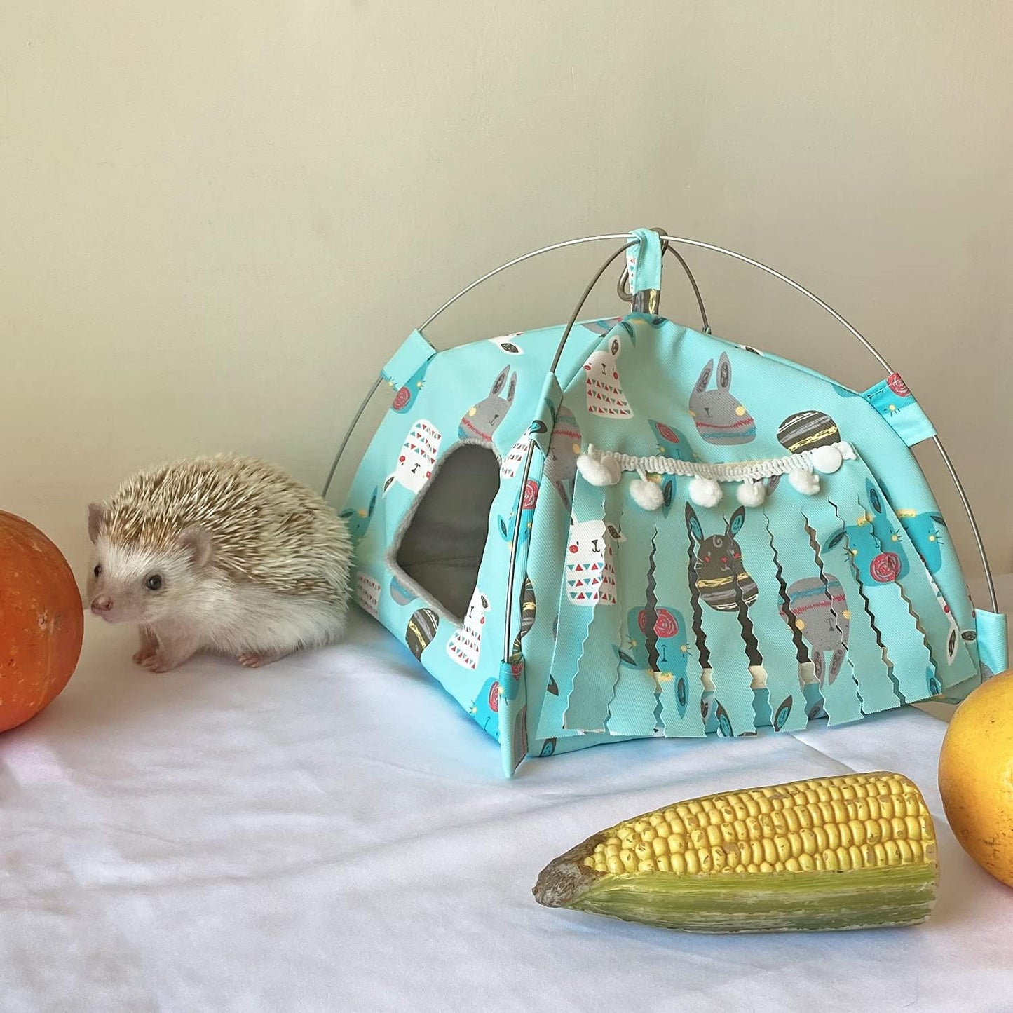 Portable Small Animal Tents House Cave Habitat Hideout with Forest Hidey Curtain for Hamster/Mice/Gerbil Rats/Guinea Pigs Hedgehog Nest Cushion Beds (Blue)