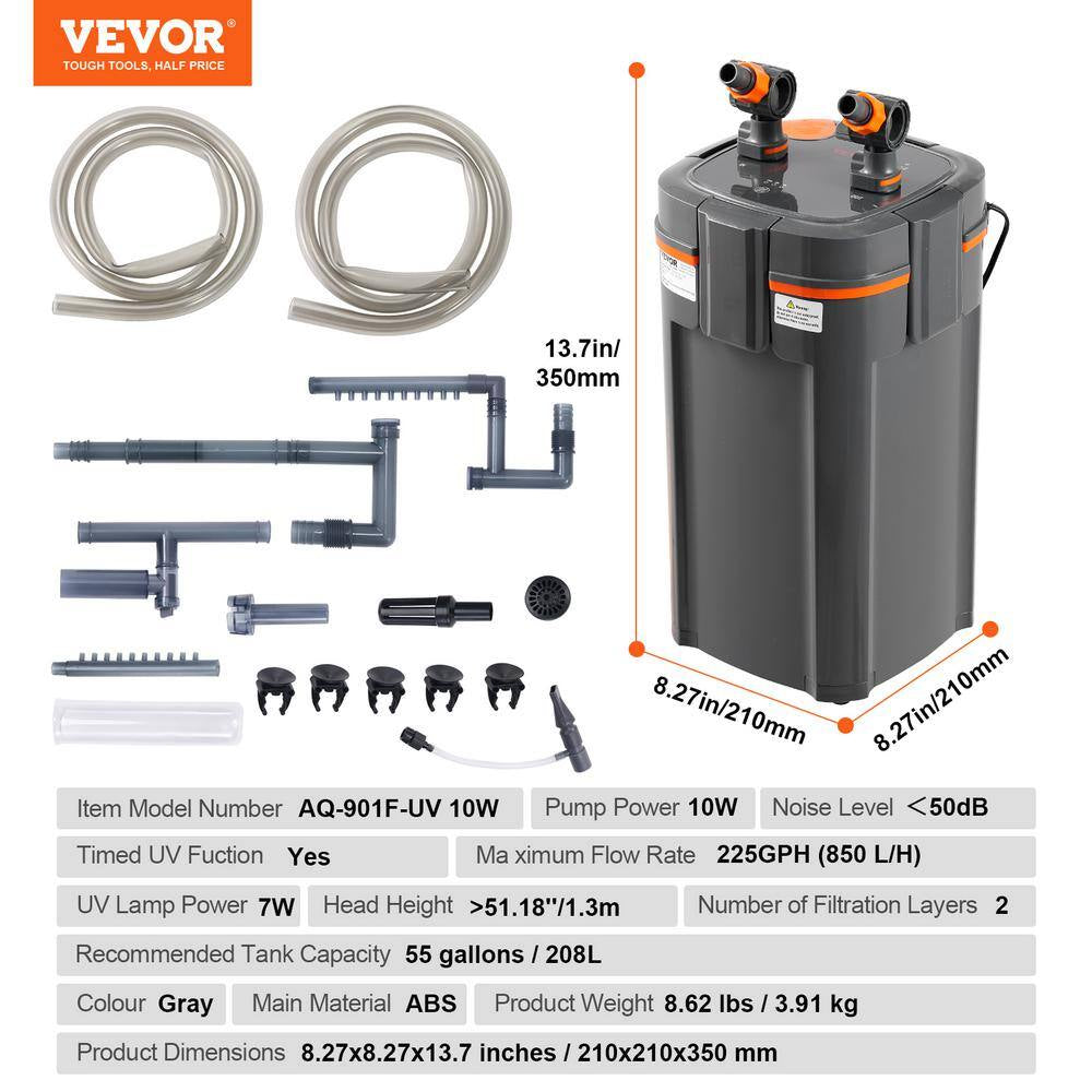 Aquarium Filter 225 GPH 2-Stage Canister Filter 55 Gallon Ultra-Quiet Internal Aquarium Filter with UV Protection 10 W