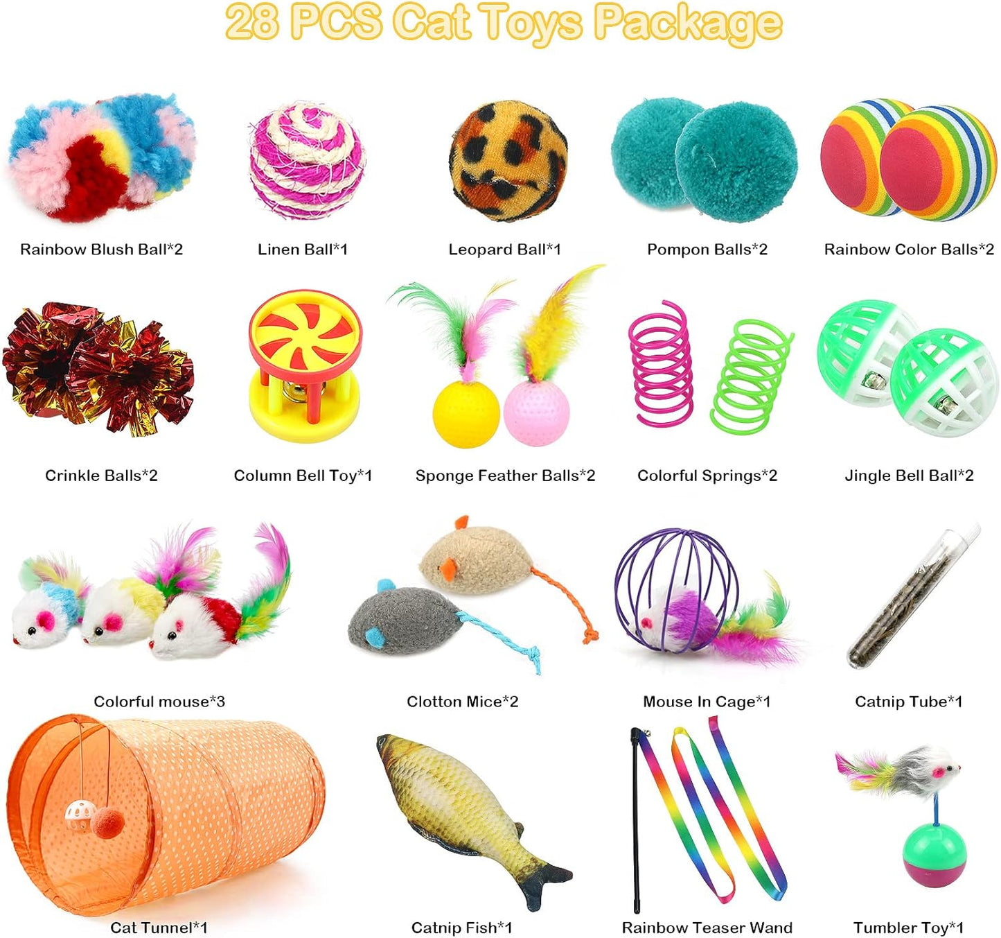 27Pcs Cat Toys Kitten Toys Assorted,Cat Tunnel Catnip Fish Feather Teaser Wand Fish Fluffy Mouse Mice Balls Tumbler Mouse Color Funny Cat Stick and Bells Toys for Cat Puppy Kitty.