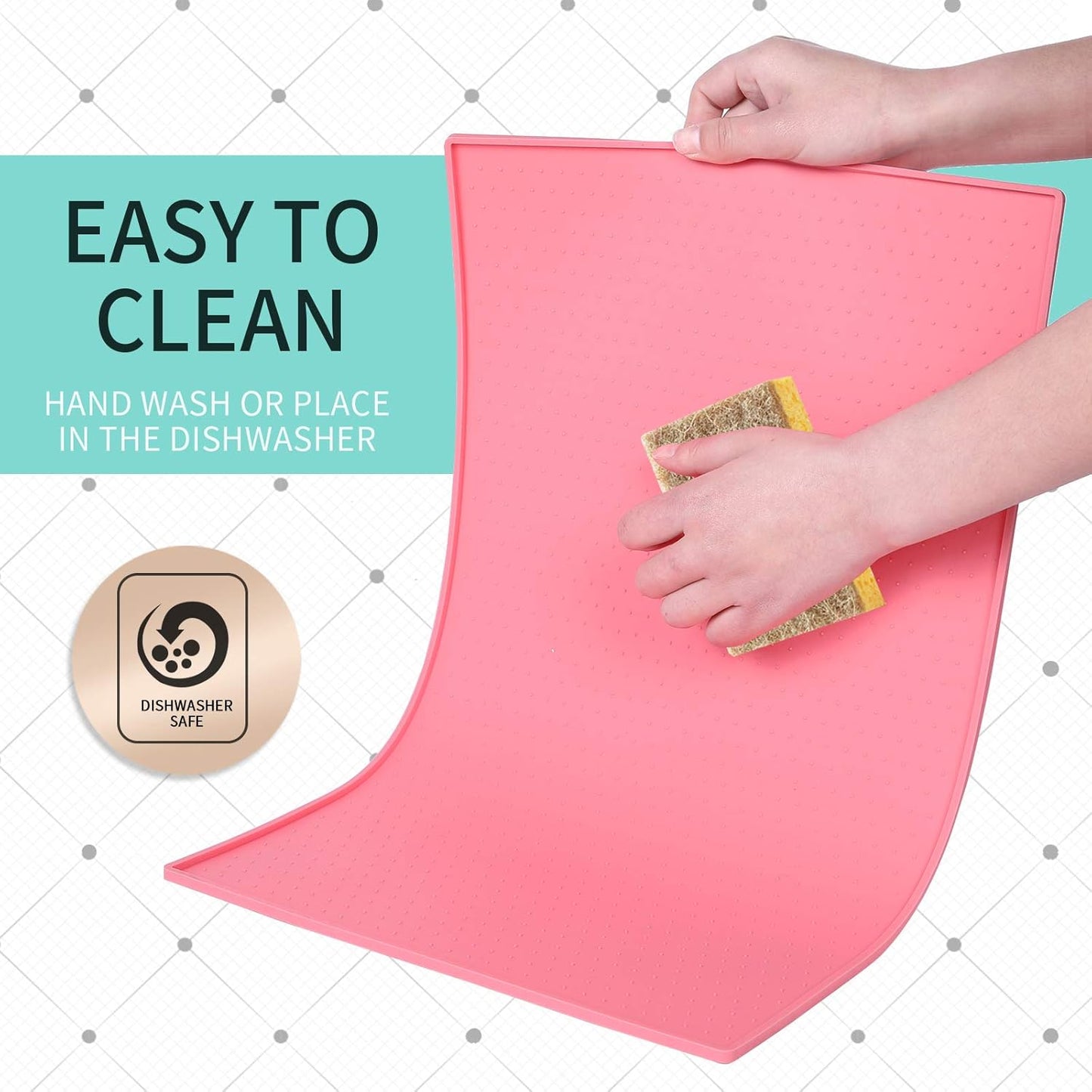 Silicone Dog Food Mat - Waterproof Dog Bowl Mats for Food and Water Bowls, Raised Edges Non-Slip Cat Food Mat, BPA Free Pet Mats for Dog Bowls (Large, Pink)