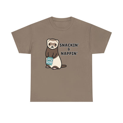Adult Sizes: Snackin' & Nappin' Ferret Unisex Heavy Cotton Tee, Funny Animal Shirt, Quirky Graphic T-Shirt, Gifts for Snack and Nap Lovers, Cute Ferret Tee
