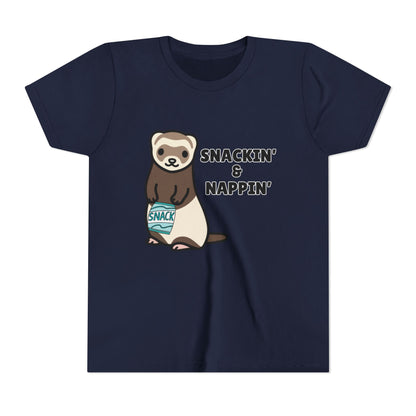 Snackin' & Nappin' Ferret Youth Tee, Fun Tee for Kids, Cute Ferret Design, Animal Lover Gift, Playful Short Sleeve Top