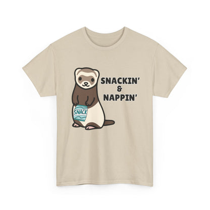 Adult Sizes: Snackin' & Nappin' Ferret Unisex Heavy Cotton Tee, Funny Animal Shirt, Quirky Graphic T-Shirt, Gifts for Snack and Nap Lovers, Cute Ferret Tee