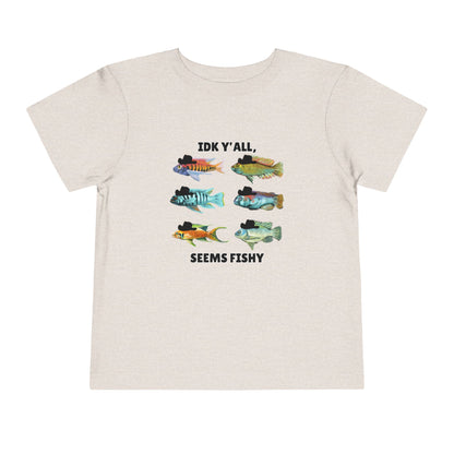 Toddler Sizes: IDK Y'all, Seems Fishy, Fish & Fishing Cowboy Hat Shirt, Short Sleeve Tee - 'IDK Y'all, Seems Fishy' Fun T-Shirt, Cute Kids Apparel, Summer Essentials