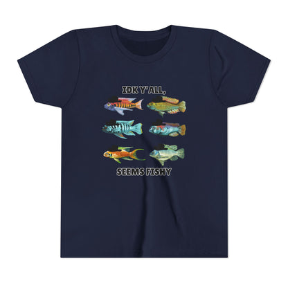 Youth Short Sleeve Tee - 'IDK Y'all, Seems Fishy' Funny Fishing Tee, Gift for Kids, Summer Outfit, Fishing
