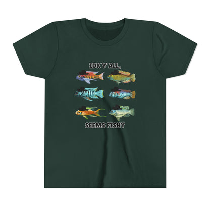 Youth Short Sleeve Tee - 'IDK Y'all, Seems Fishy' Funny Fishing Tee, Gift for Kids, Summer Outfit, Fishing