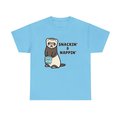 Adult Sizes: Snackin' & Nappin' Ferret Unisex Heavy Cotton Tee, Funny Animal Shirt, Quirky Graphic T-Shirt, Gifts for Snack and Nap Lovers, Cute Ferret Tee