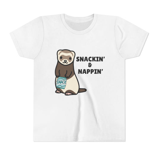 Snackin' & Nappin' Ferret Youth Tee, Fun Tee for Kids, Cute Ferret Design, Animal Lover Gift, Playful Short Sleeve Top