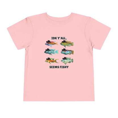 Toddler Sizes: IDK Y'all, Seems Fishy, Fish & Fishing Cowboy Hat Shirt, Short Sleeve Tee - 'IDK Y'all, Seems Fishy' Fun T-Shirt, Cute Kids Apparel, Summer Essentials