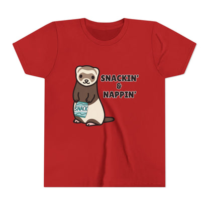 Snackin' & Nappin' Ferret Youth Tee, Fun Tee for Kids, Cute Ferret Design, Animal Lover Gift, Playful Short Sleeve Top