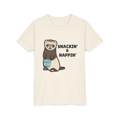 Snackin' & Nappin' Ferret Youth Tee, Fun Tee for Kids, Cute Ferret Design, Animal Lover Gift, Playful Short Sleeve Top