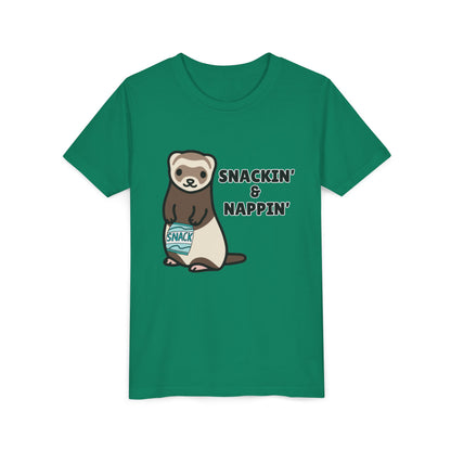 Snackin' & Nappin' Ferret Youth Tee, Fun Tee for Kids, Cute Ferret Design, Animal Lover Gift, Playful Short Sleeve Top