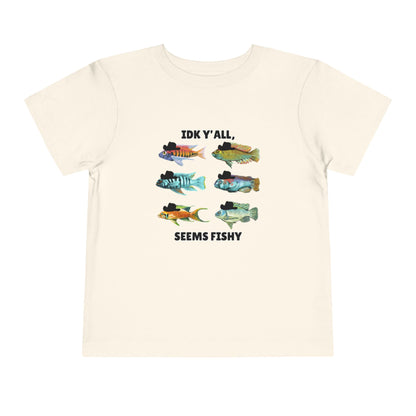 Toddler Sizes: IDK Y'all, Seems Fishy, Fish & Fishing Cowboy Hat Shirt, Short Sleeve Tee - 'IDK Y'all, Seems Fishy' Fun T-Shirt, Cute Kids Apparel, Summer Essentials