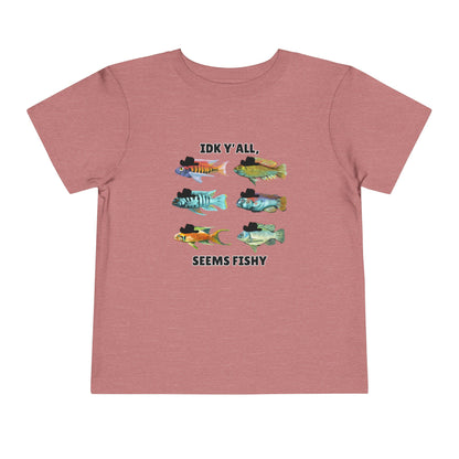 Toddler Sizes: IDK Y'all, Seems Fishy, Fish & Fishing Cowboy Hat Shirt, Short Sleeve Tee - 'IDK Y'all, Seems Fishy' Fun T-Shirt, Cute Kids Apparel, Summer Essentials