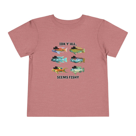 Toddler Sizes: IDK Y'all, Seems Fishy, Fish & Fishing Cowboy Hat Shirt, Short Sleeve Tee - 'IDK Y'all, Seems Fishy' Fun T-Shirt, Cute Kids Apparel, Summer Essentials