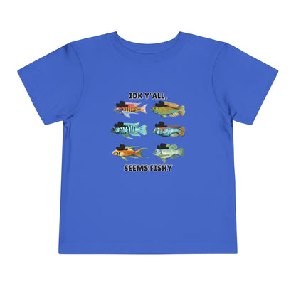 Toddler Sizes: IDK Y'all, Seems Fishy, Fish & Fishing Cowboy Hat Shirt, Short Sleeve Tee - 'IDK Y'all, Seems Fishy' Fun T-Shirt, Cute Kids Apparel, Summer Essentials