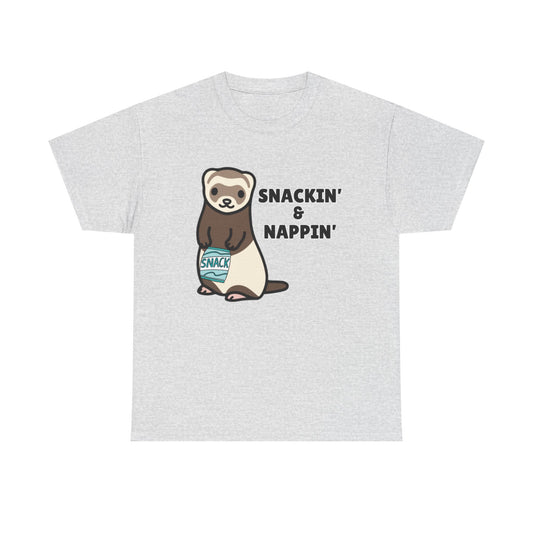 Adult Sizes: Snackin' & Nappin' Ferret Unisex Heavy Cotton Tee, Funny Animal Shirt, Quirky Graphic T-Shirt, Gifts for Snack and Nap Lovers, Cute Ferret Tee
