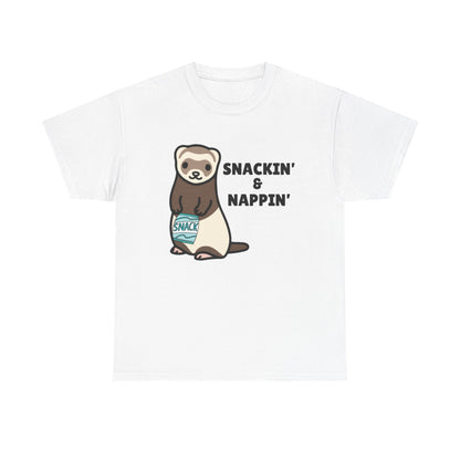 Adult Sizes: Snackin' & Nappin' Ferret Unisex Heavy Cotton Tee, Funny Animal Shirt, Quirky Graphic T-Shirt, Gifts for Snack and Nap Lovers, Cute Ferret Tee