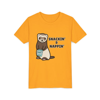Snackin' & Nappin' Ferret Youth Tee, Fun Tee for Kids, Cute Ferret Design, Animal Lover Gift, Playful Short Sleeve Top