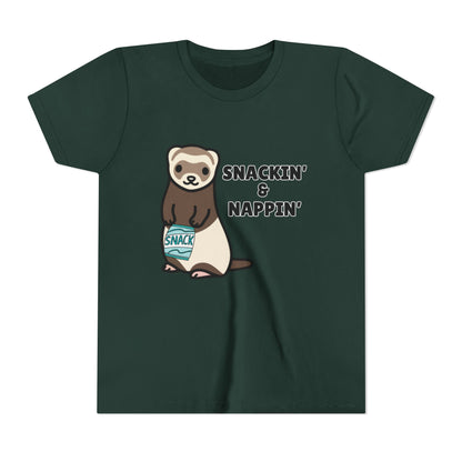 Snackin' & Nappin' Ferret Youth Tee, Fun Tee for Kids, Cute Ferret Design, Animal Lover Gift, Playful Short Sleeve Top