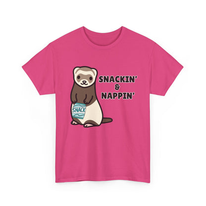 Adult Sizes: Snackin' & Nappin' Ferret Unisex Heavy Cotton Tee, Funny Animal Shirt, Quirky Graphic T-Shirt, Gifts for Snack and Nap Lovers, Cute Ferret Tee