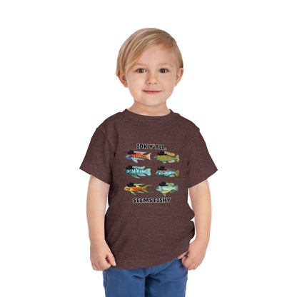 Toddler Sizes: IDK Y'all, Seems Fishy, Fish & Fishing Cowboy Hat Shirt, Short Sleeve Tee - 'IDK Y'all, Seems Fishy' Fun T-Shirt, Cute Kids Apparel, Summer Essentials
