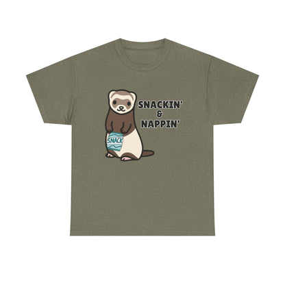 Adult Sizes: Snackin' & Nappin' Ferret Unisex Heavy Cotton Tee, Funny Animal Shirt, Quirky Graphic T-Shirt, Gifts for Snack and Nap Lovers, Cute Ferret Tee