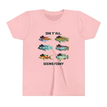 Youth Short Sleeve Tee - 'IDK Y'all, Seems Fishy' Funny Fishing Tee, Gift for Kids, Summer Outfit, Fishing