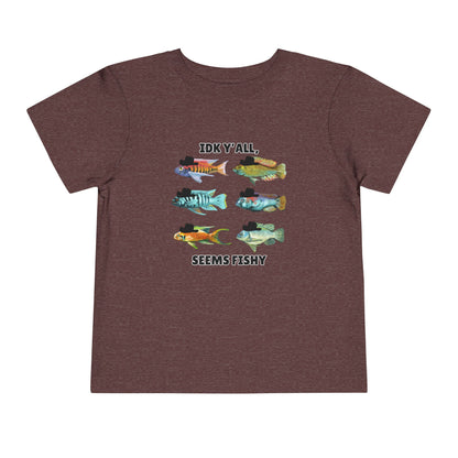 Toddler Sizes: IDK Y'all, Seems Fishy, Fish & Fishing Cowboy Hat Shirt, Short Sleeve Tee - 'IDK Y'all, Seems Fishy' Fun T-Shirt, Cute Kids Apparel, Summer Essentials