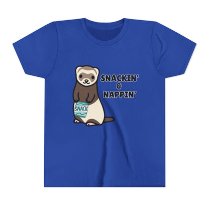 Snackin' & Nappin' Ferret Youth Tee, Fun Tee for Kids, Cute Ferret Design, Animal Lover Gift, Playful Short Sleeve Top