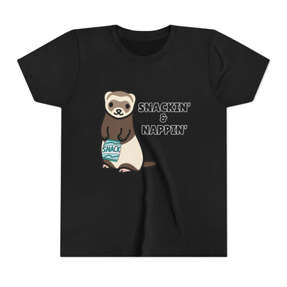 Snackin' & Nappin' Ferret Youth Tee, Fun Tee for Kids, Cute Ferret Design, Animal Lover Gift, Playful Short Sleeve Top