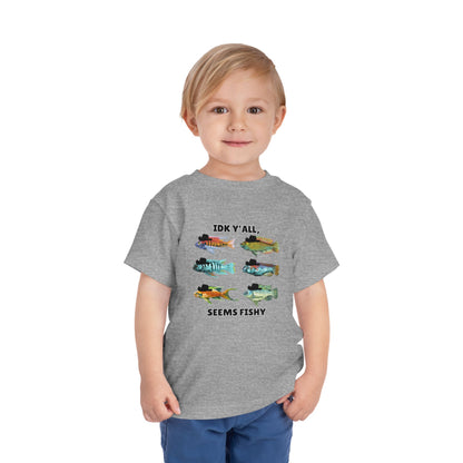 Toddler Sizes: IDK Y'all, Seems Fishy, Fish & Fishing Cowboy Hat Shirt, Short Sleeve Tee - 'IDK Y'all, Seems Fishy' Fun T-Shirt, Cute Kids Apparel, Summer Essentials