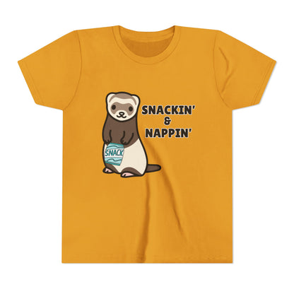 Snackin' & Nappin' Ferret Youth Tee, Fun Tee for Kids, Cute Ferret Design, Animal Lover Gift, Playful Short Sleeve Top