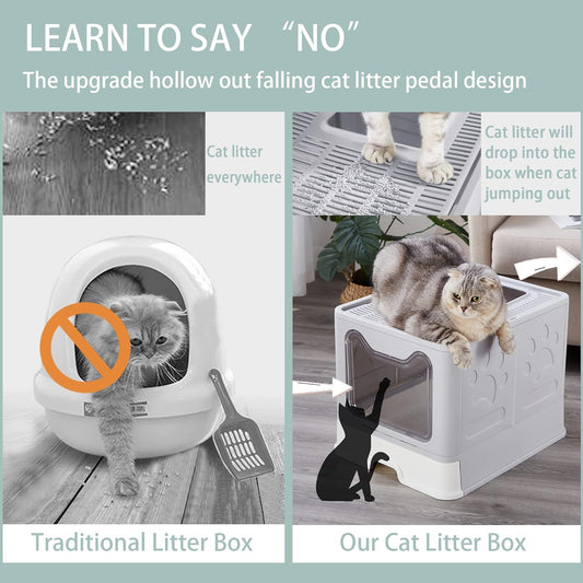 Foldable Large Top Entry Cat Litter Box with Lid, Anti-Splashing Enclosed Plastic Kitty Pan with Drawer Type Easy Clean and Scoop (Grey)