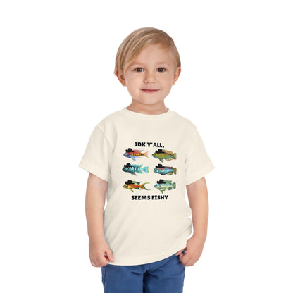 Toddler Sizes: IDK Y'all, Seems Fishy, Fish & Fishing Cowboy Hat Shirt, Short Sleeve Tee - 'IDK Y'all, Seems Fishy' Fun T-Shirt, Cute Kids Apparel, Summer Essentials