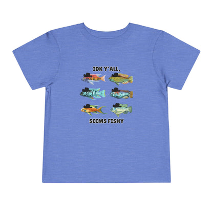 Toddler Sizes: IDK Y'all, Seems Fishy, Fish & Fishing Cowboy Hat Shirt, Short Sleeve Tee - 'IDK Y'all, Seems Fishy' Fun T-Shirt, Cute Kids Apparel, Summer Essentials