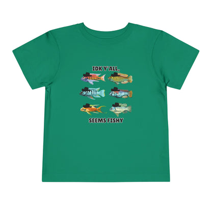 Toddler Sizes: IDK Y'all, Seems Fishy, Fish & Fishing Cowboy Hat Shirt, Short Sleeve Tee - 'IDK Y'all, Seems Fishy' Fun T-Shirt, Cute Kids Apparel, Summer Essentials