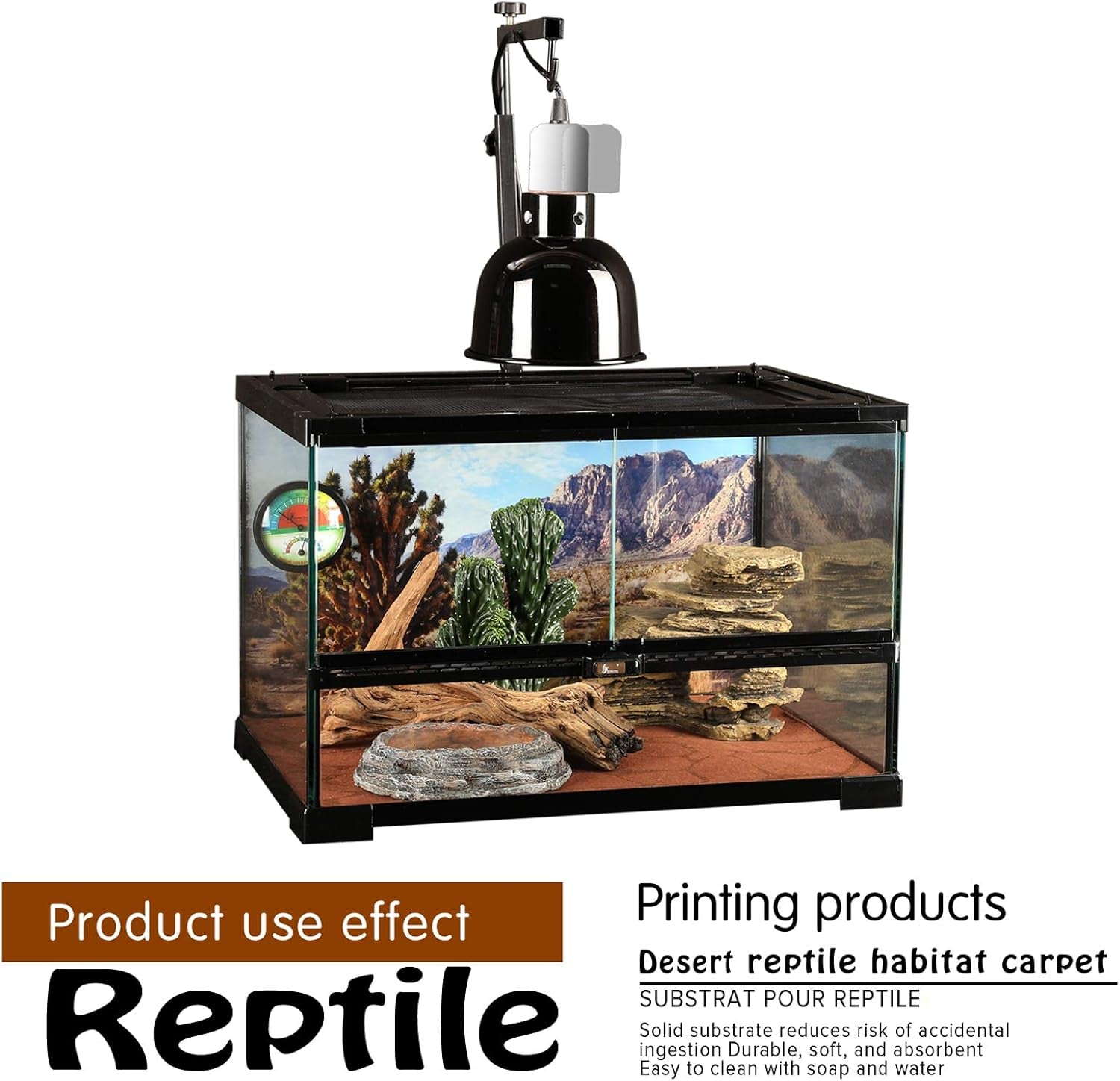 2PCS Reptile Carpet 20 Gallon, Pet Terrarium Liner, Reptiles Cage Mat/Substrate for Snakes, Chameleons, Geckos and Kitchen Use with Tweezers Feeding Tongs Printing Desert