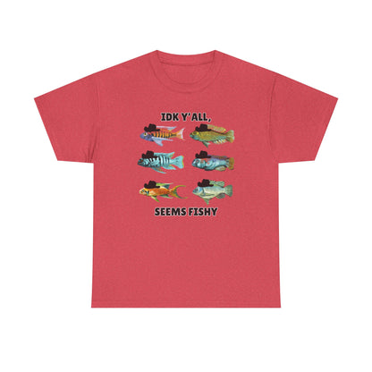 Adult Sizes: "IDK Y'all, Seems Fishy" Fish Tee, Fishing Humor Unisex Heavy Cotton T-Shirt, Funny Fish Shirt, Gift for Anglers, Casual Wear, Summer Vibes, Fishing Enthusiast Tee