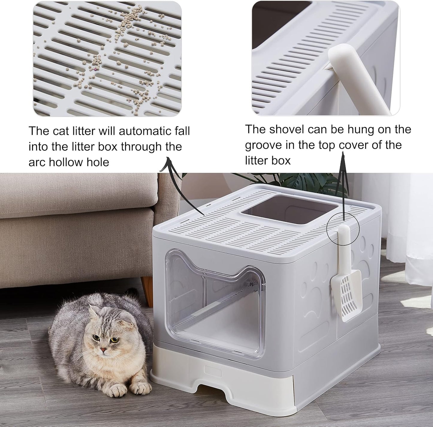 Foldable Large Top Entry Cat Litter Box with Lid, Anti-Splashing Enclosed Plastic Kitty Pan with Drawer Type Easy Clean and Scoop (Grey)