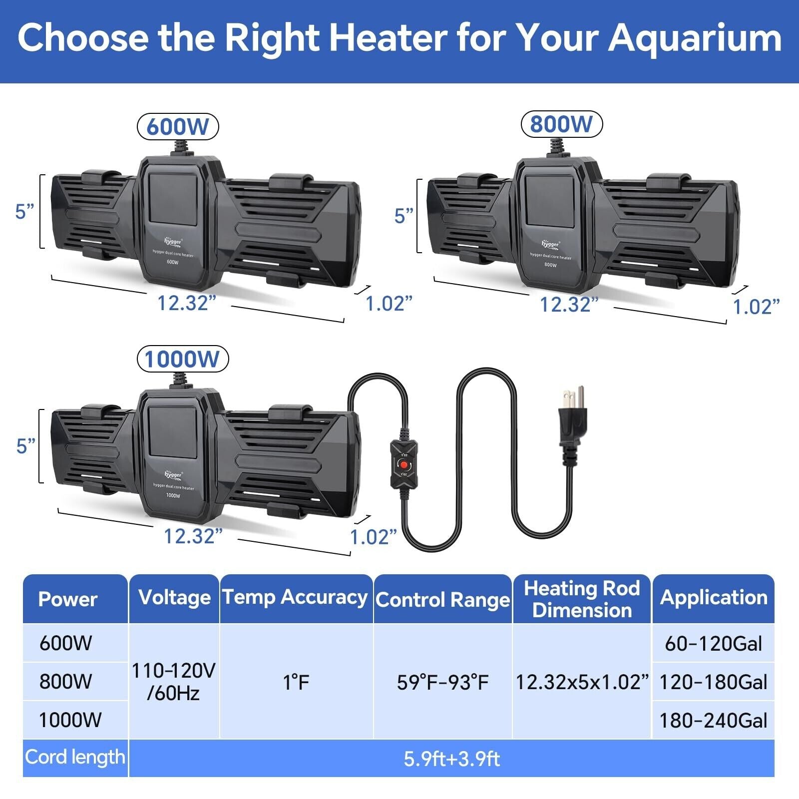 Hygger Aquarium Heater, 500W 800W 1000W Sub