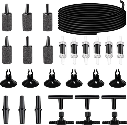 19.68 Feet Black Aquarium Airline Tubing 6 Air Stone for Aquarium 6 Aquarium Check Value for Fish Tank 6 Aquarium Suction Cups 3 Each Aquarium Air Controller and I T Hose Connectors