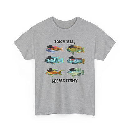 Adult Sizes: "IDK Y'all, Seems Fishy" Fish Tee, Fishing Humor Unisex Heavy Cotton T-Shirt, Funny Fish Shirt, Gift for Anglers, Casual Wear, Summer Vibes, Fishing Enthusiast Tee