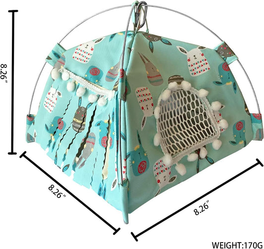 Portable Small Animal Tents House Cave Habitat Hideout with Forest Hidey Curtain for Hamster/Mice/Gerbil Rats/Guinea Pigs Hedgehog Nest Cushion Beds (Blue)