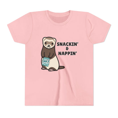 Snackin' & Nappin' Ferret Youth Tee, Fun Tee for Kids, Cute Ferret Design, Animal Lover Gift, Playful Short Sleeve Top