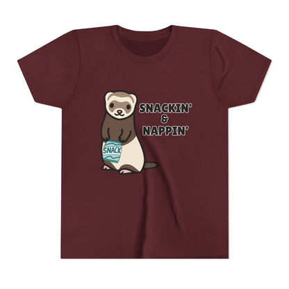 Snackin' & Nappin' Ferret Youth Tee, Fun Tee for Kids, Cute Ferret Design, Animal Lover Gift, Playful Short Sleeve Top