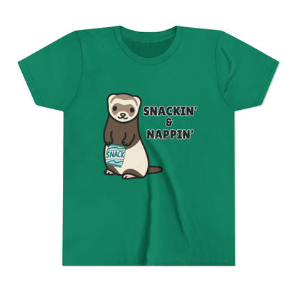 Snackin' & Nappin' Ferret Youth Tee, Fun Tee for Kids, Cute Ferret Design, Animal Lover Gift, Playful Short Sleeve Top