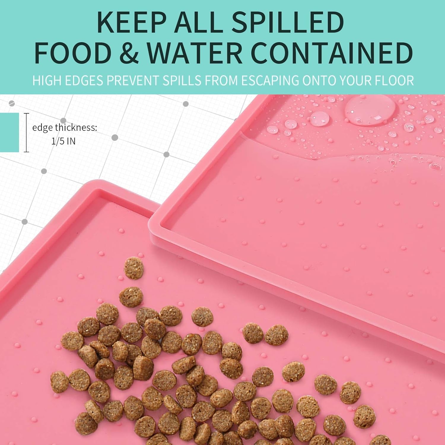 Silicone Dog Food Mat - Waterproof Dog Bowl Mats for Food and Water Bowls, Raised Edges Non-Slip Cat Food Mat, BPA Free Pet Mats for Dog Bowls (Large, Pink)