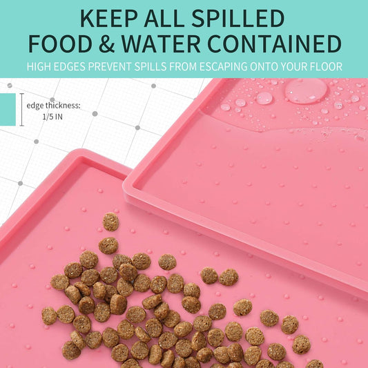 Silicone Dog Food Mat - Waterproof Dog Bowl Mats for Food and Water Bowls, Raised Edges Non-Slip Cat Food Mat, BPA Free Pet Mats for Dog Bowls (Large, Pink)