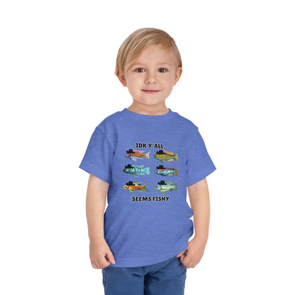Toddler Sizes: IDK Y'all, Seems Fishy, Fish & Fishing Cowboy Hat Shirt, Short Sleeve Tee - 'IDK Y'all, Seems Fishy' Fun T-Shirt, Cute Kids Apparel, Summer Essentials